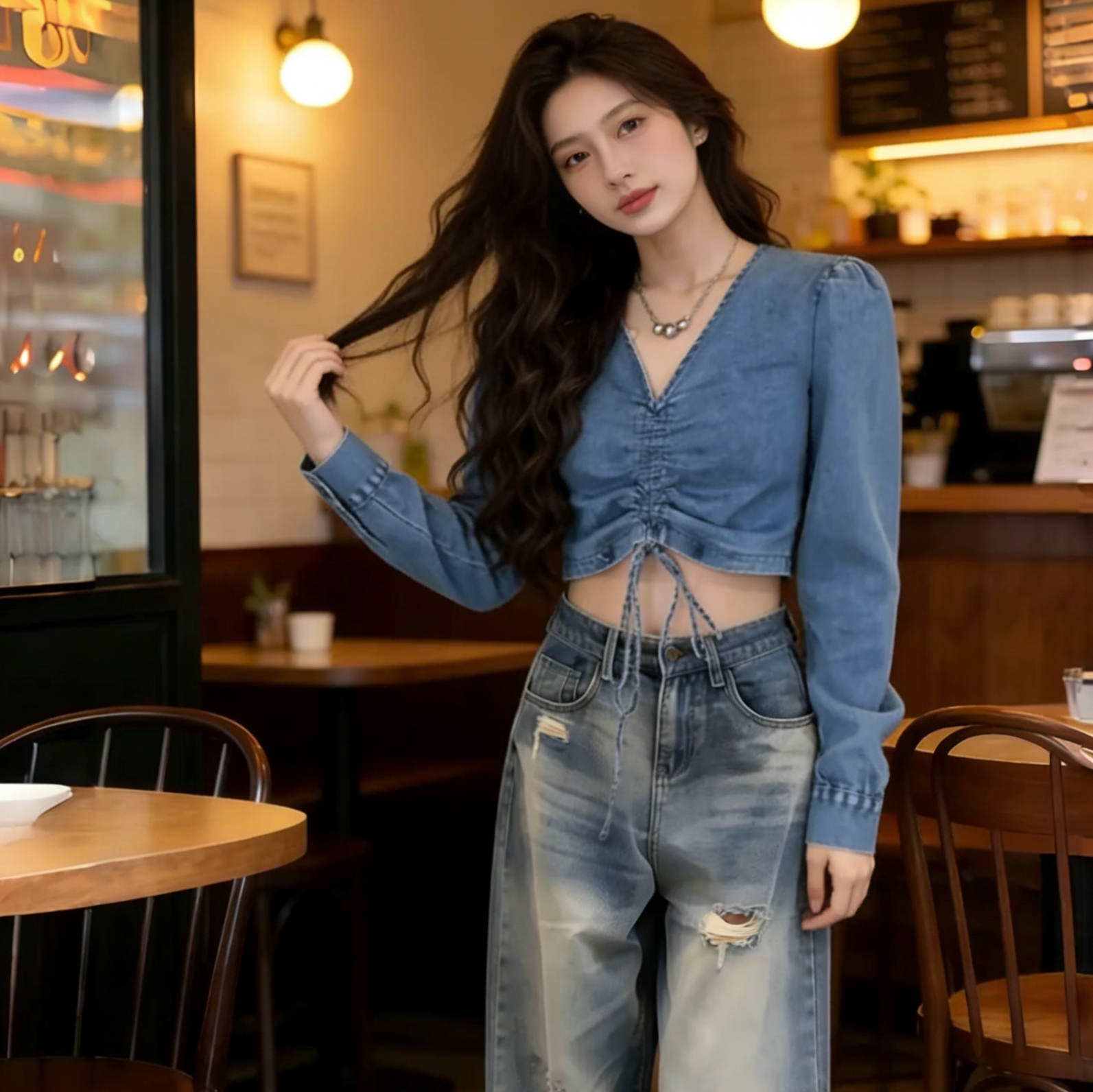Sexy V-Neck Drawstring Bubble Sleeve Slim Short Denim Top