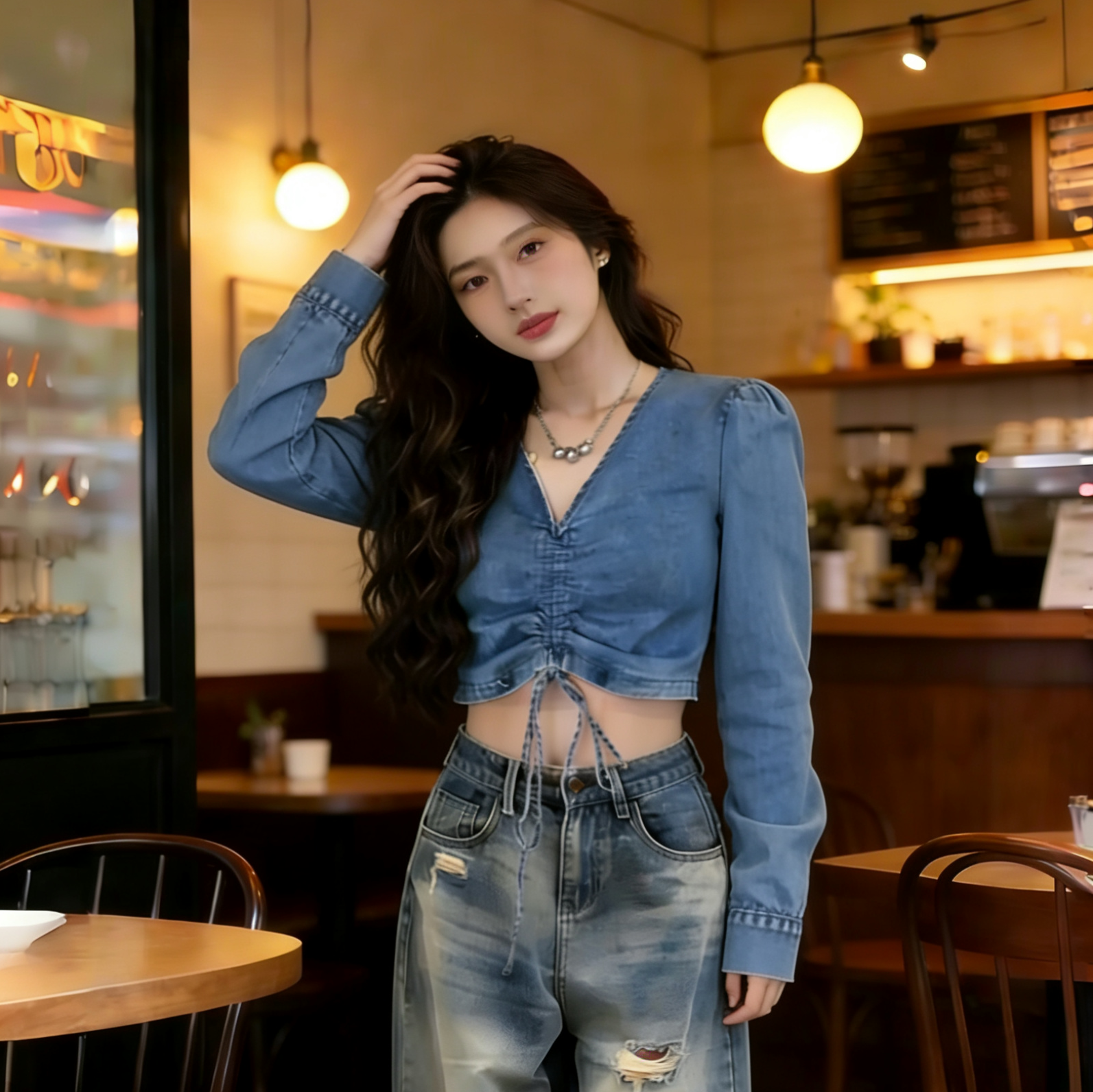 Sexy V-Neck Drawstring Bubble Sleeve Slim Short Denim Top - Image 3