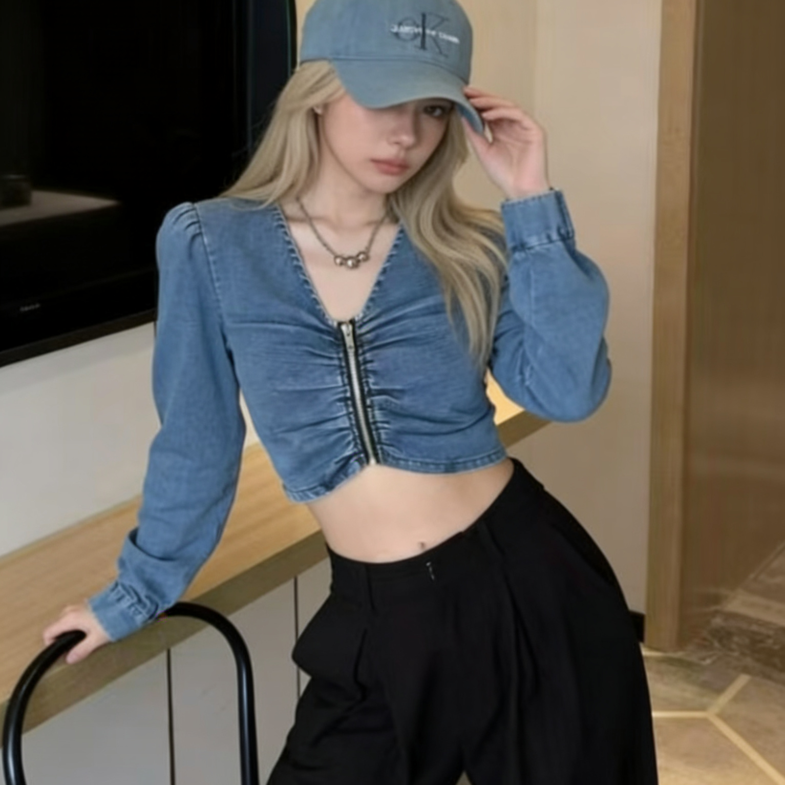 Women's V-Neck Slim Fit Denim Top with Puff Sleeves and Zip Placket
