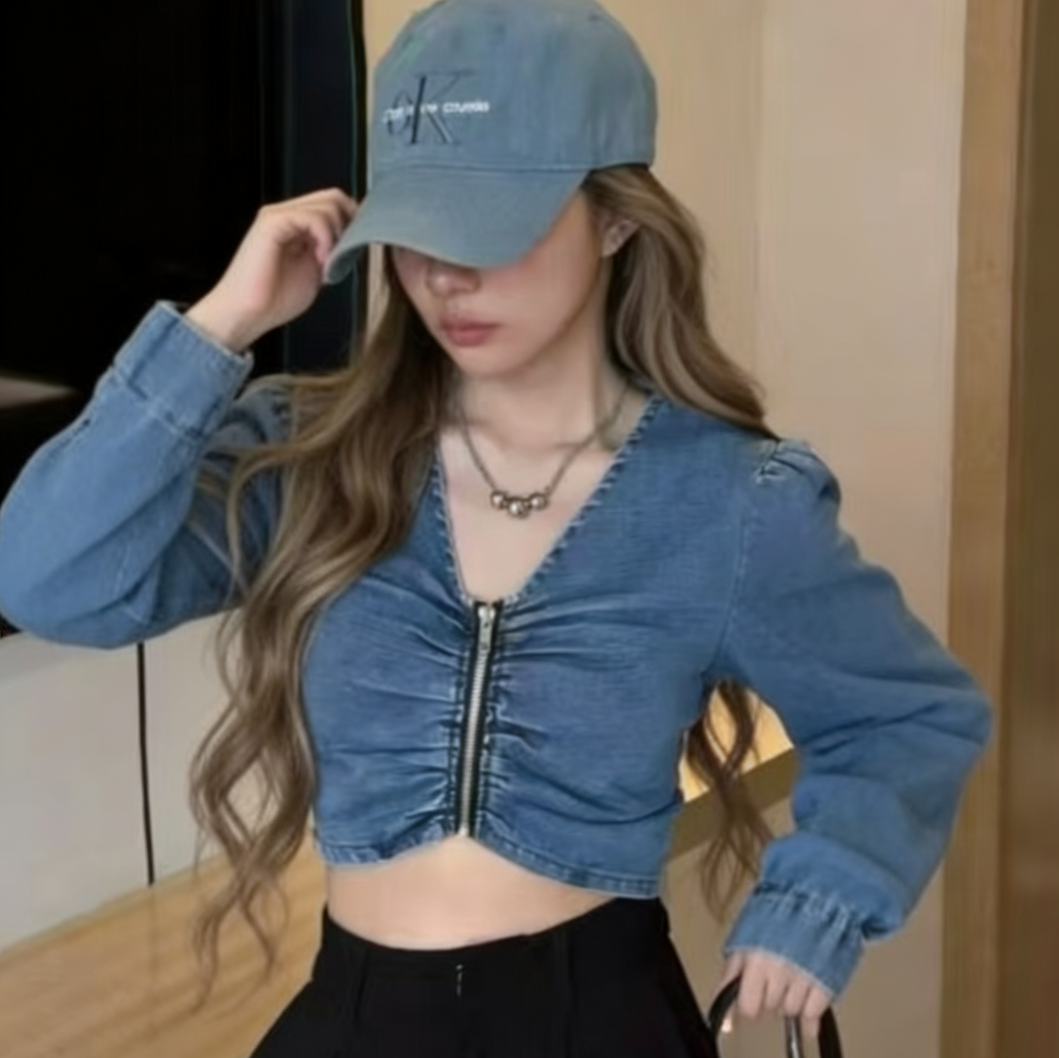 Women's V-Neck Slim Fit Denim Top with Puff Sleeves and Zip Placket - Image 3