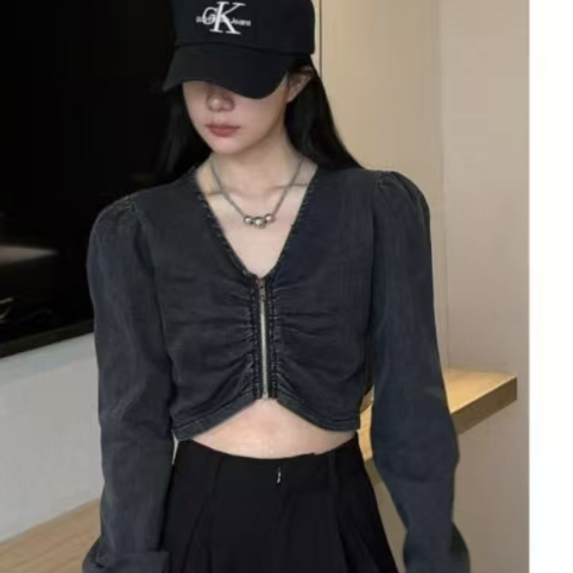 Women's V-Neck Slim Fit Denim Top with Puff Sleeves and Zip Placket - Image 4