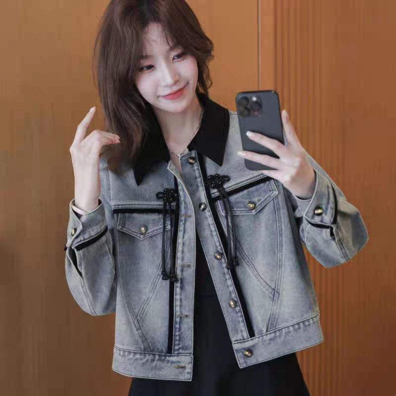 Chinese Style Button Denim Jacket for Women Retro Casual Spring 2026