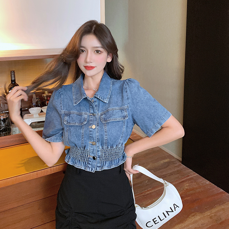 Korean Retro Waist-Slimming Denim Short Sleeve Top