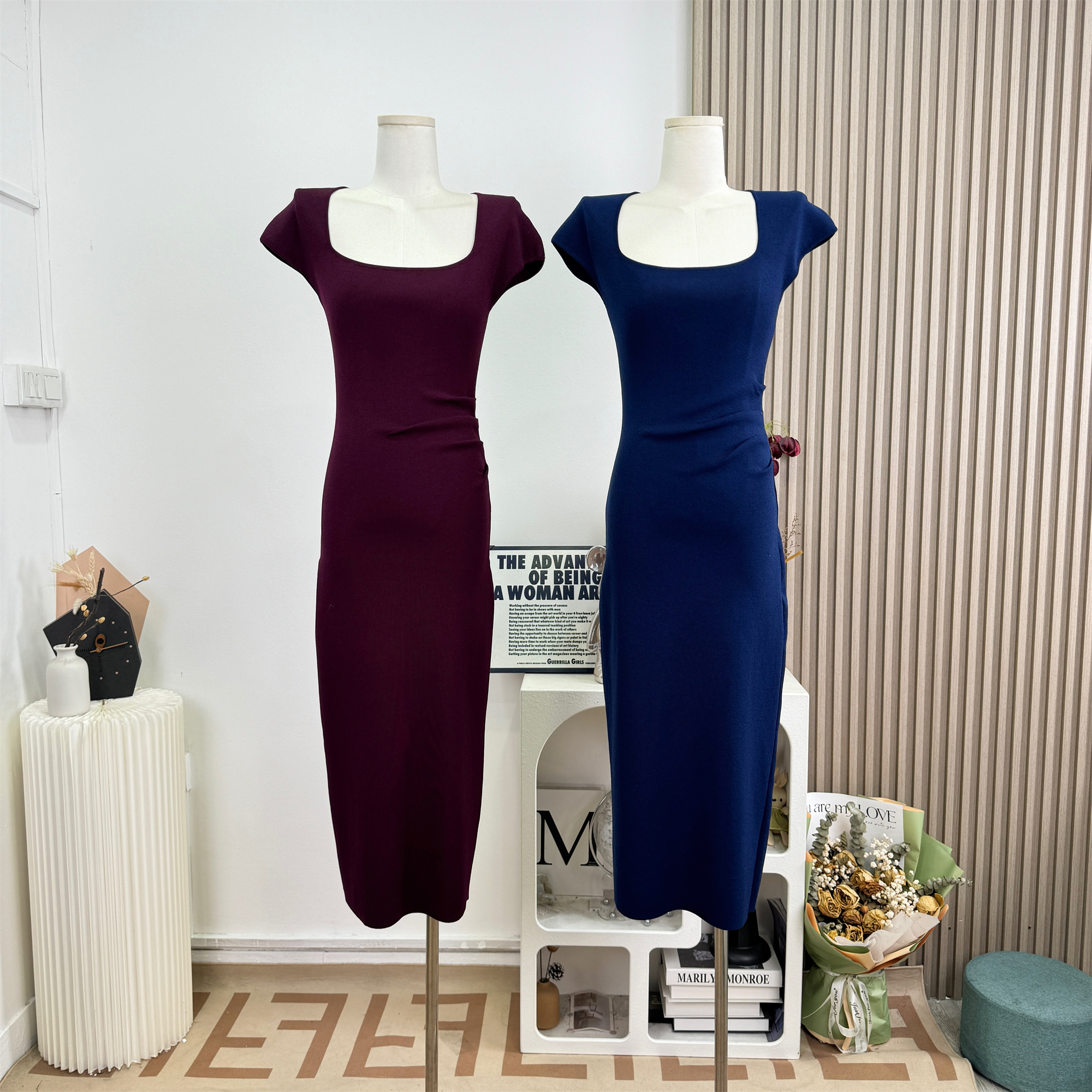 Square Neck Ruched Waist Knit Dress for Women