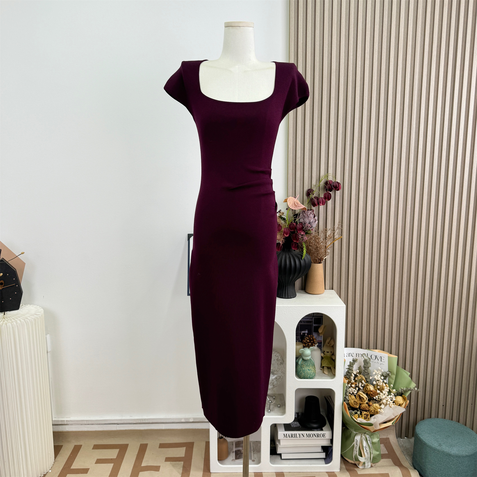 Square Neck Ruched Waist Knit Dress for Women - Image 2