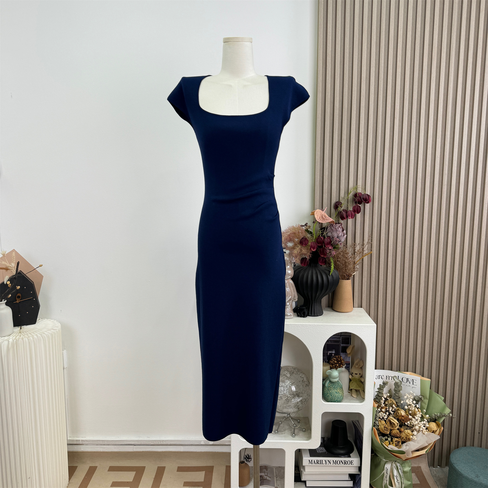Square Neck Ruched Waist Knit Dress for Women - Image 4