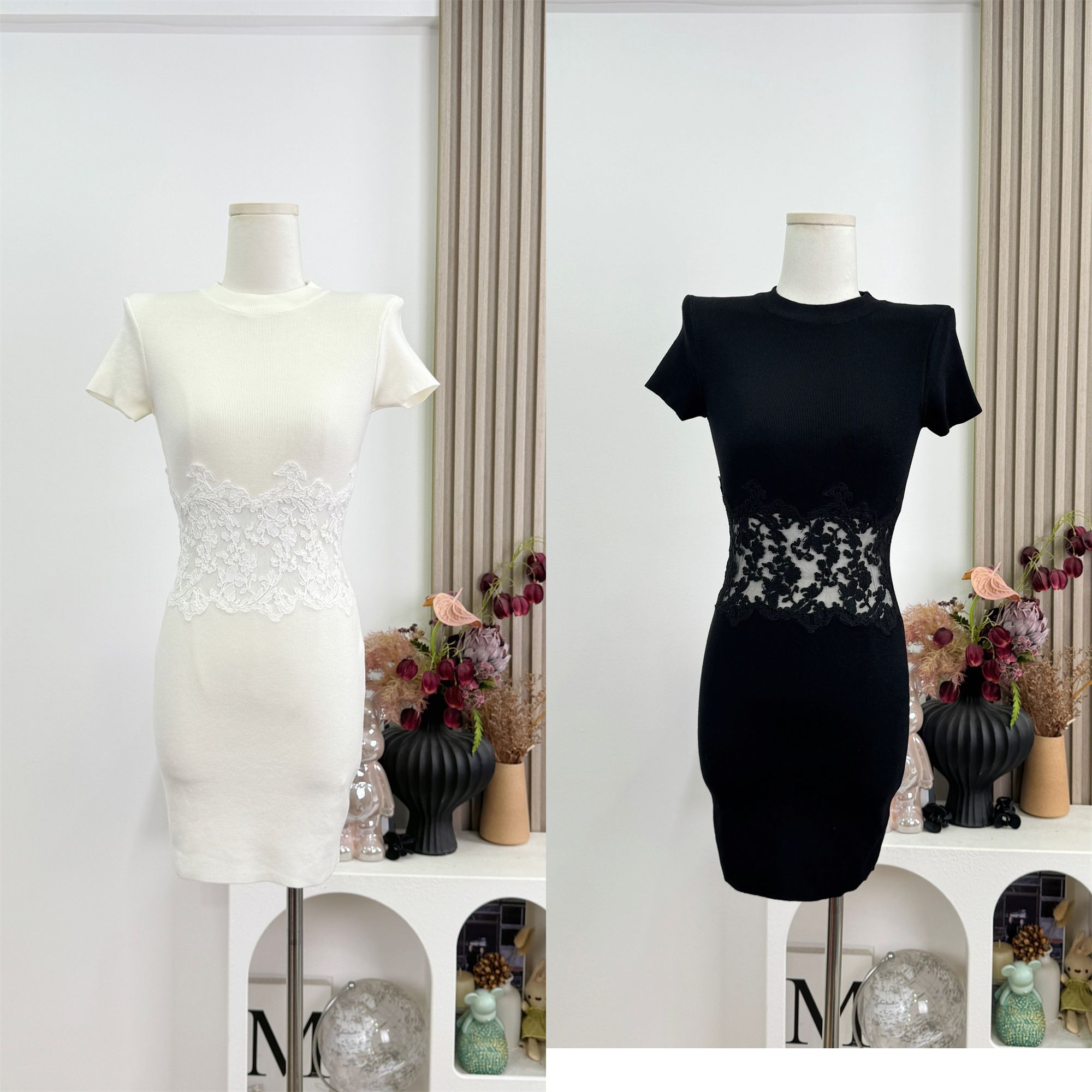 Lace Waist Short Sleeve Knit Bodycon Dress