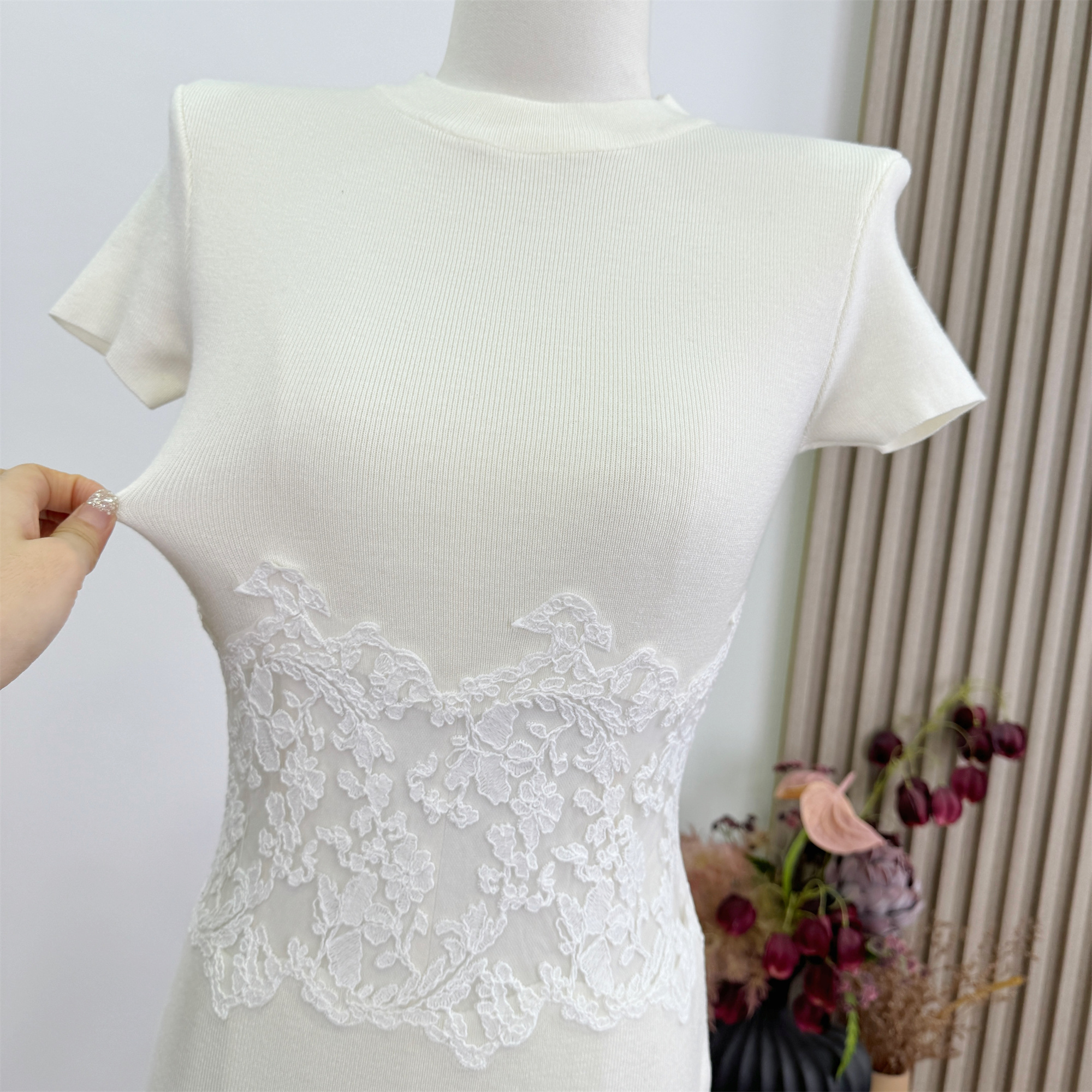 Lace Waist Short Sleeve Knit Bodycon Dress - Image 3