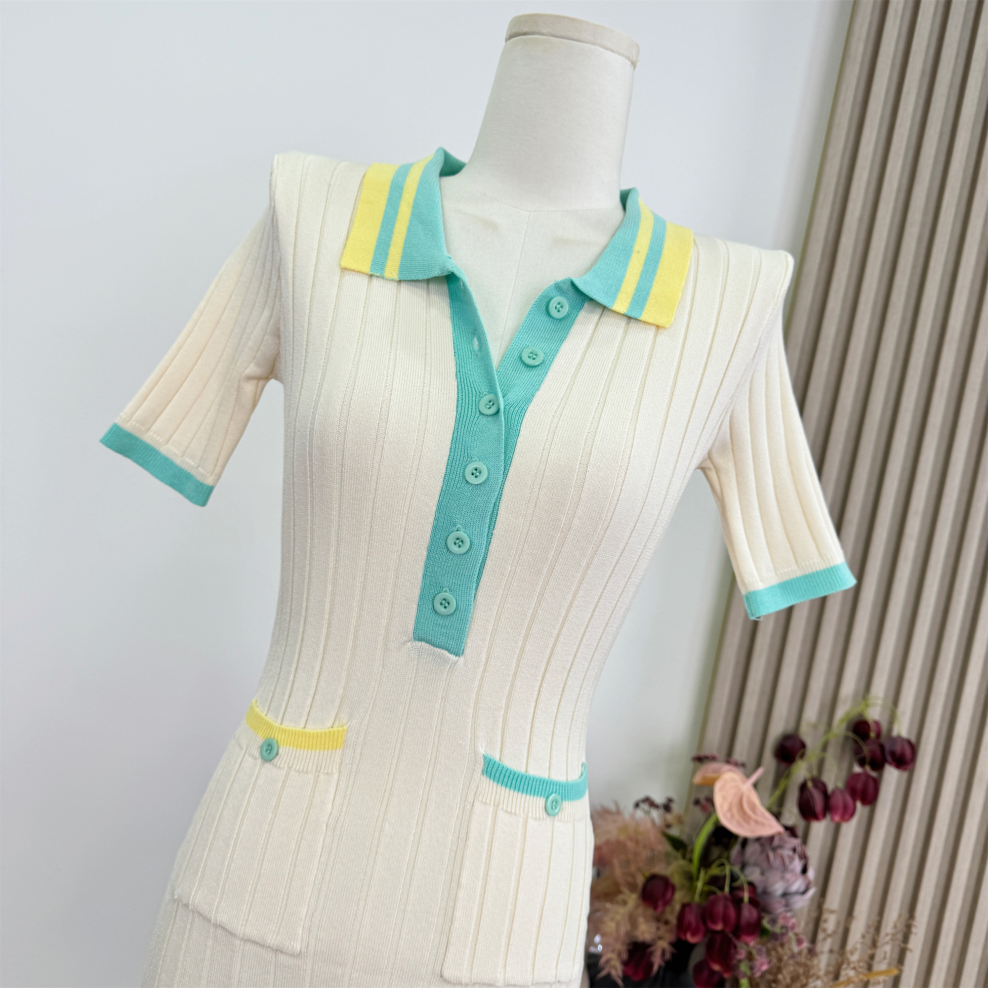 OKMASHOP Perian Summer Knit Dress Women's Contrast Collar Short Bodycon Dress - Image 2