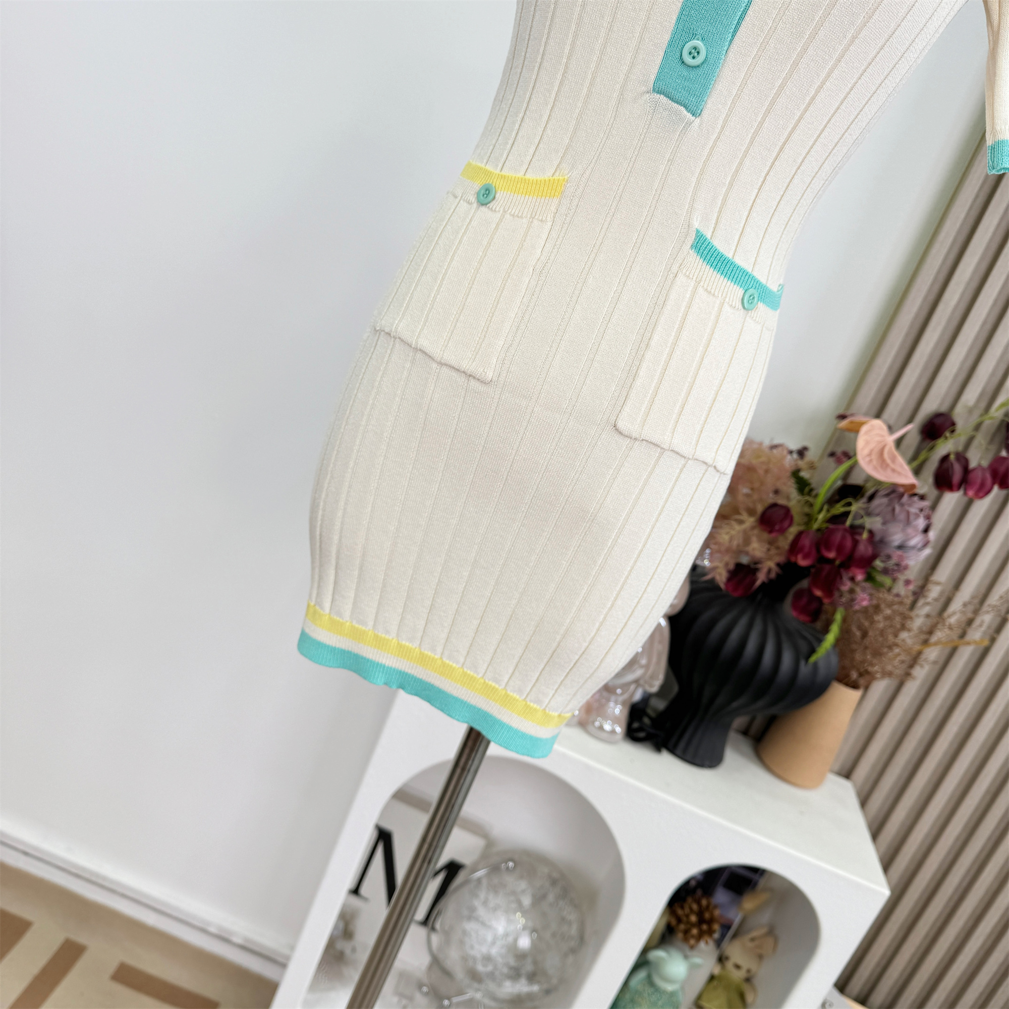 OKMASHOP Perian Summer Knit Dress Women's Contrast Collar Short Bodycon Dress - Image 3