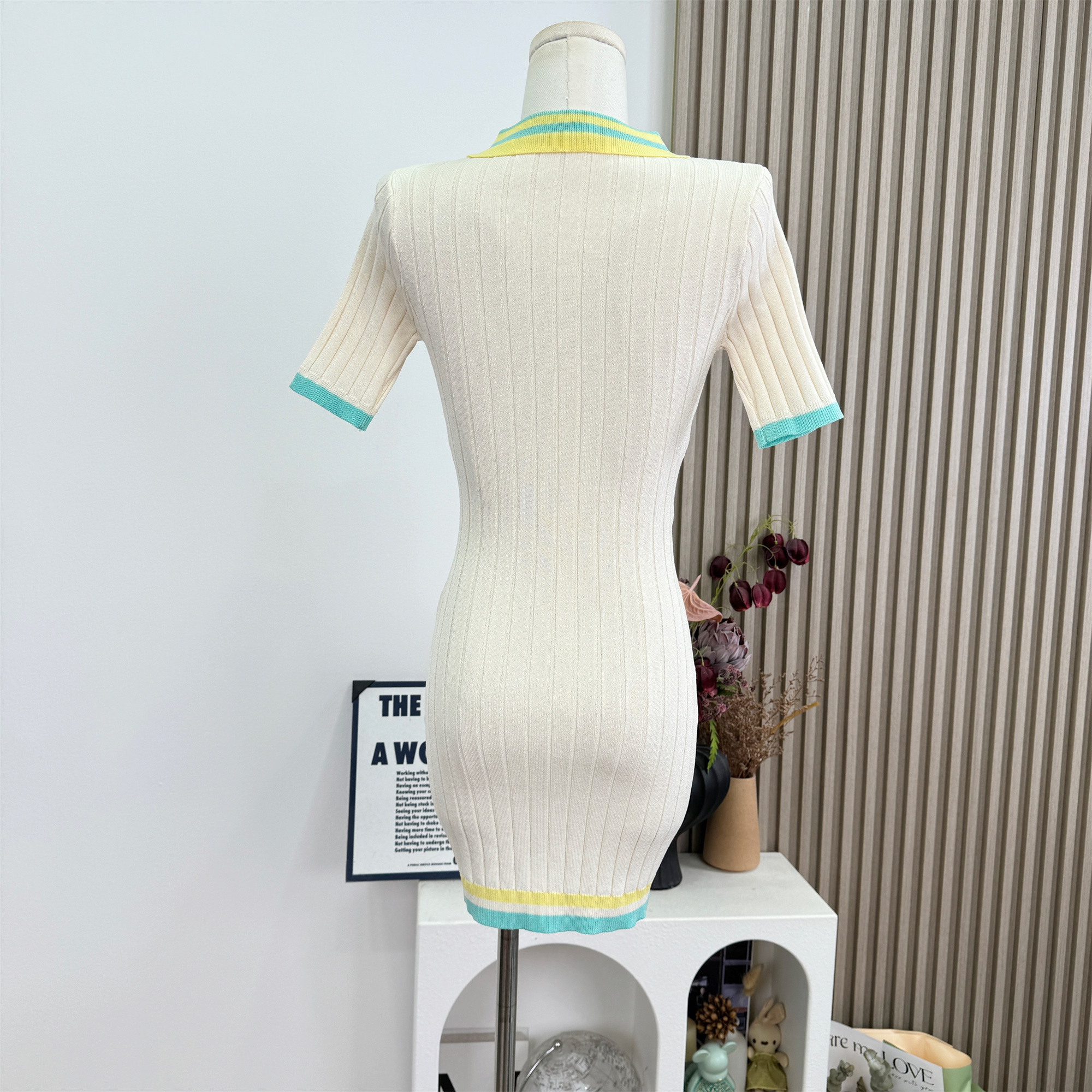 OKMASHOP Perian Summer Knit Dress Women's Contrast Collar Short Bodycon Dress - Image 4