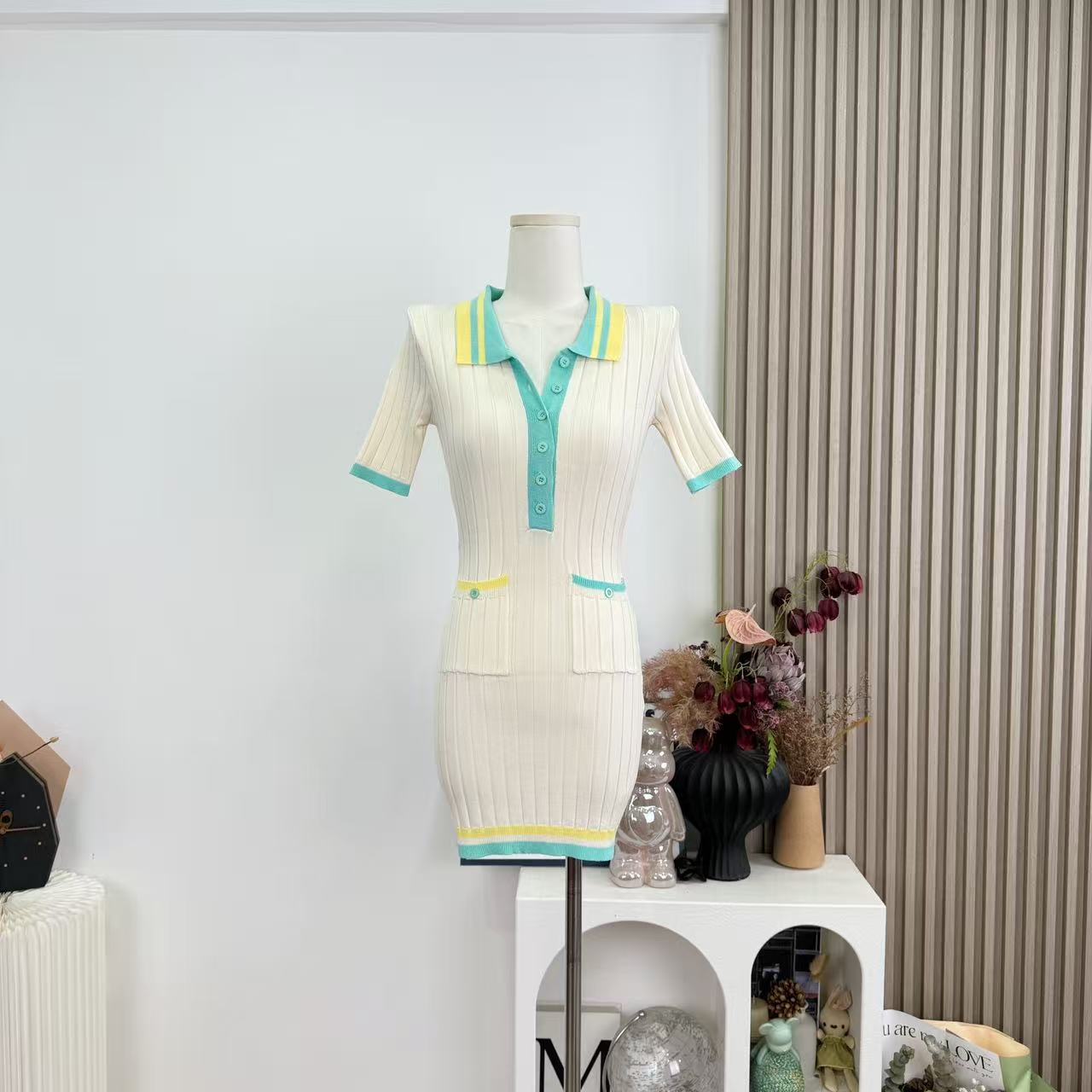 OKMASHOP Perian Summer Knit Dress Women's Contrast Collar Short Bodycon Dress - Image 5
