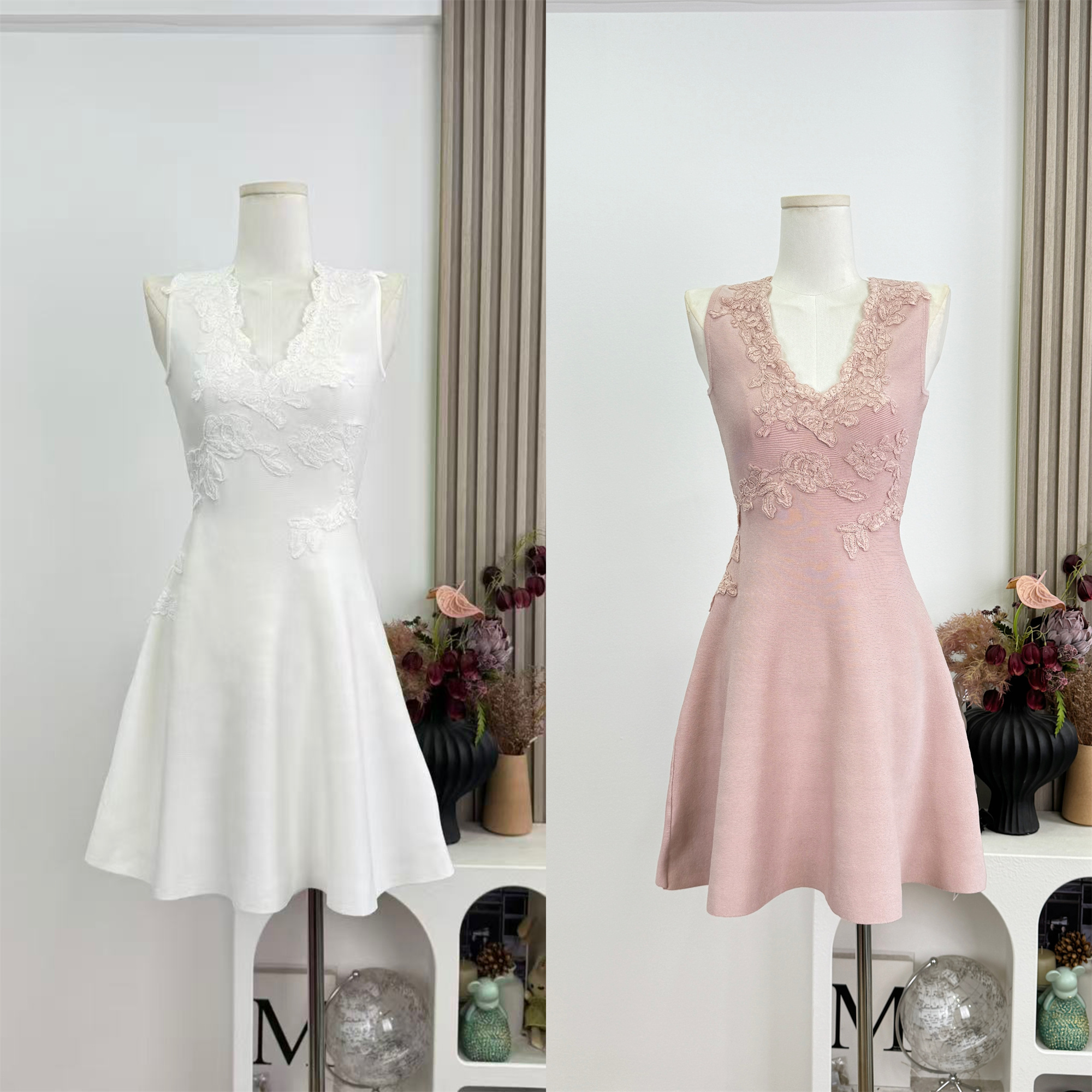 CCZEE Misty Rose Embroidered Floral Dress Women Summer High Waist Slimming V Neck Sleeveless A Line Dress