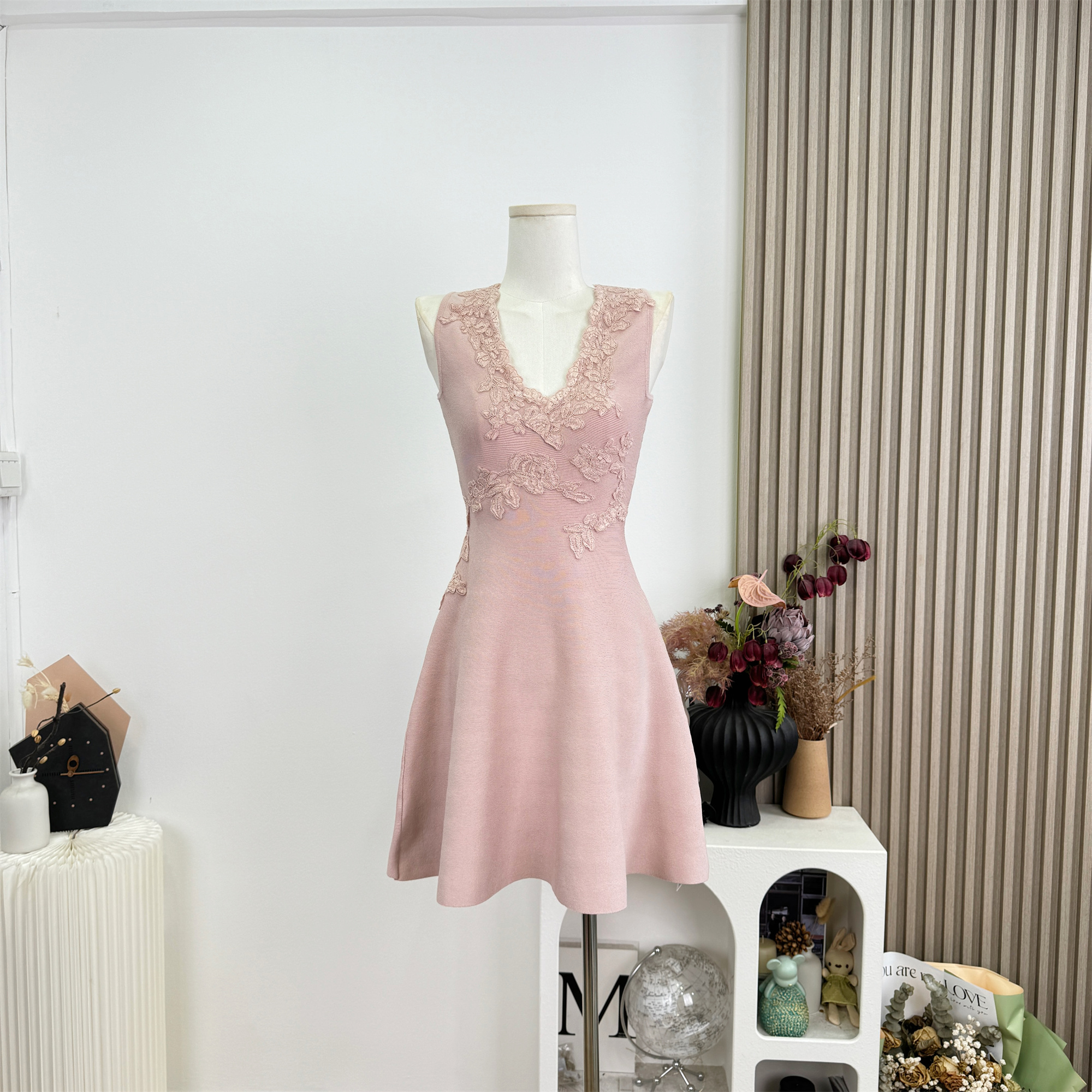 CCZEE Misty Rose Embroidered Floral Dress Women Summer High Waist Slimming V Neck Sleeveless A Line Dress - Image 2