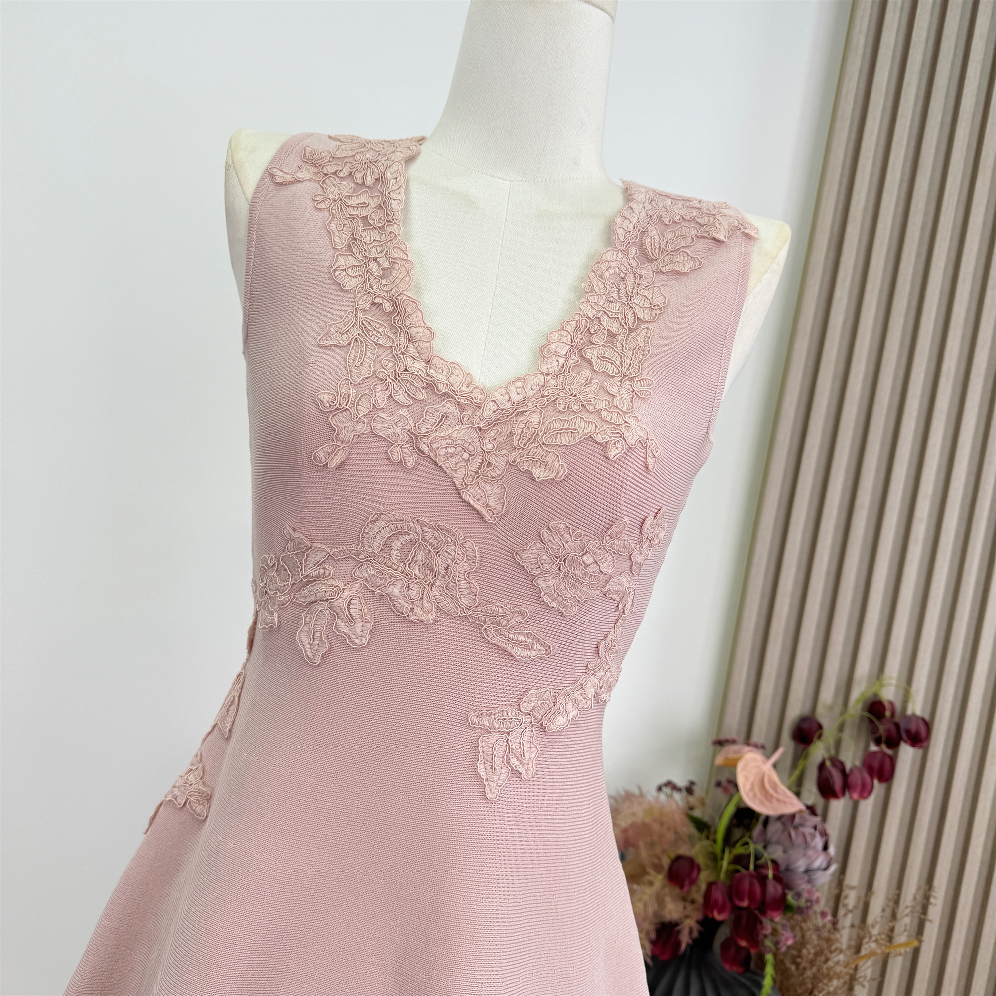 CCZEE Misty Rose Embroidered Floral Dress Women Summer High Waist Slimming V Neck Sleeveless A Line Dress - Image 3