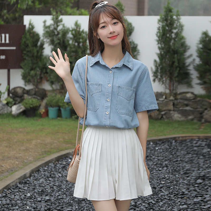 New Korean Style Loose Fit Denim Short Sleeve Top