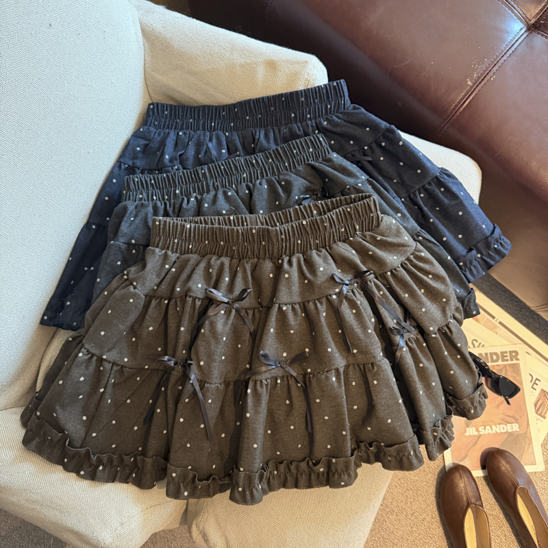 Polka Dot Bow Woolen Mini Skirt Women 2026 Autumn New Elastic Waist Cake Skirt