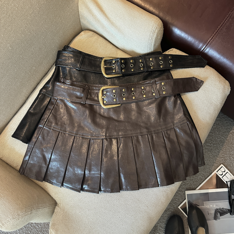 Retro High Waist PU Leather Pleated Mini Skirt for Women with Belt